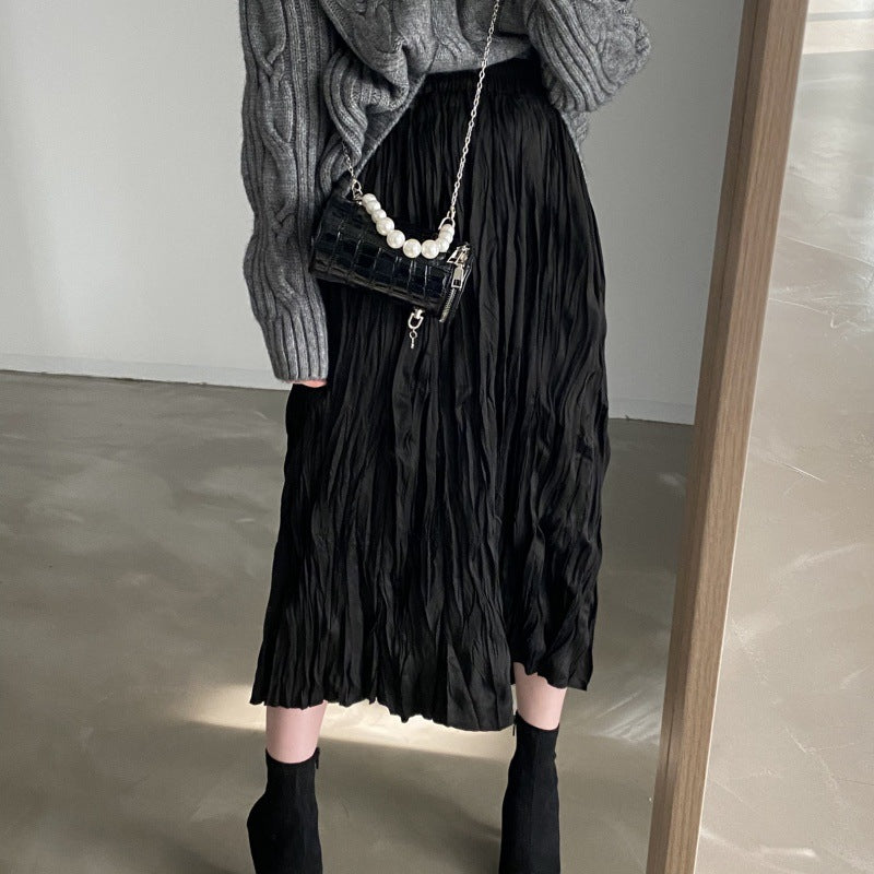 Vintage Crumpled Elastic Waist Large Swing A- Line Midi Skirt