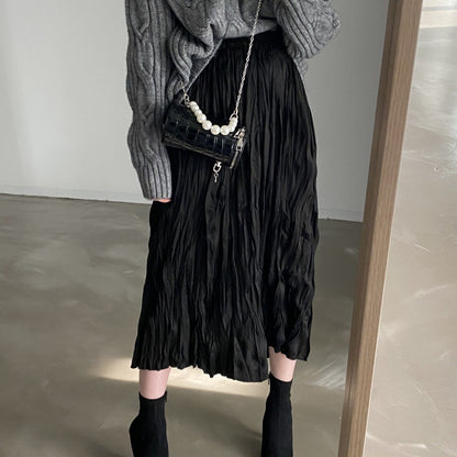 Vintage Crumpled Elastic Waist Large Swing A- Line Midi Skirt
