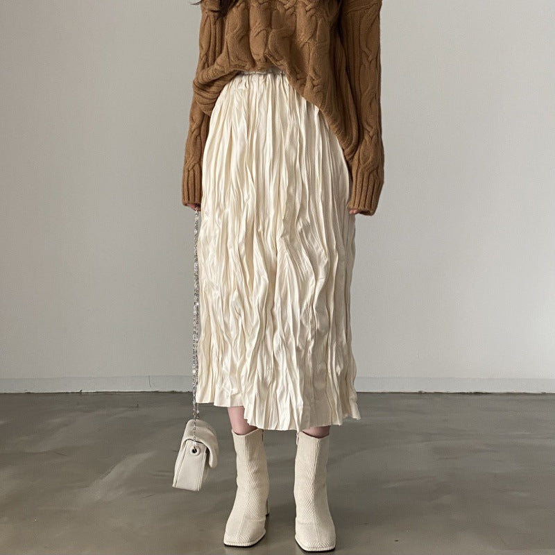 Vintage Crumpled Elastic Waist Large Swing A- Line Midi Skirt