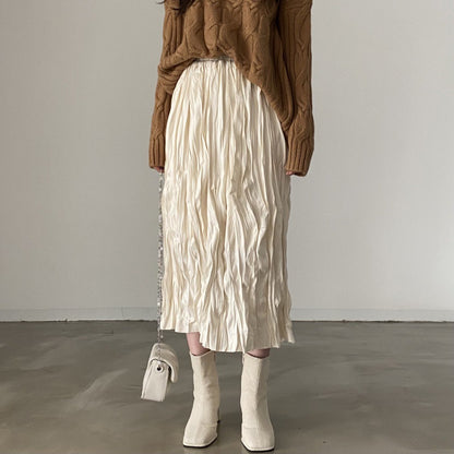 Vintage Crumpled Elastic Waist Large Swing A- Line Midi Skirt
