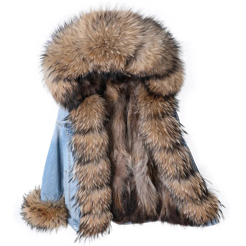 Natural Fox Fur Big Fur Collar Denim Winter Coat  Leather Jacket Women