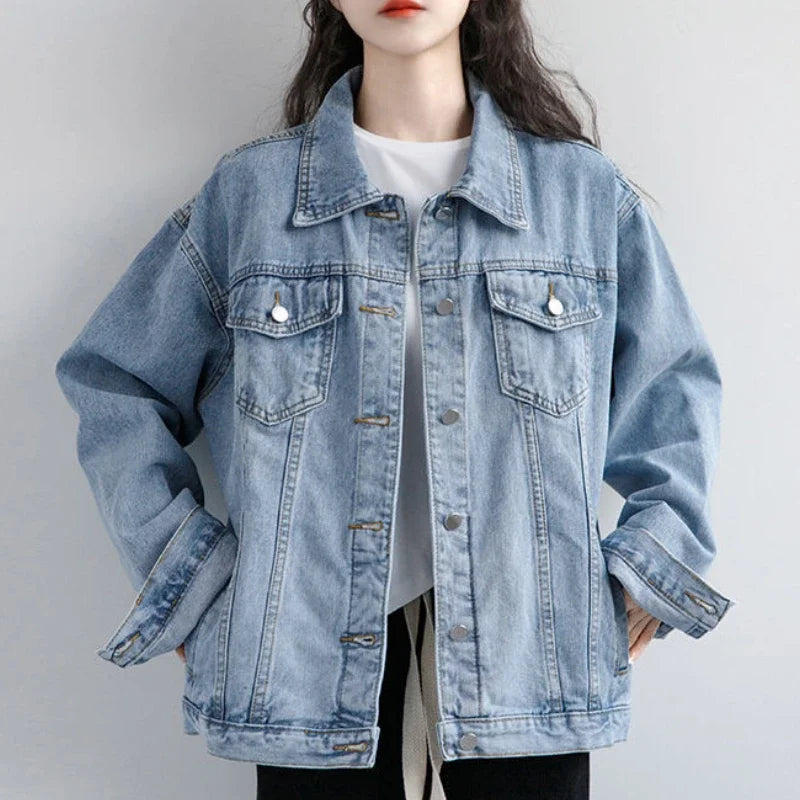 Women Jacket 2024 Autumn Winter Oversize Denim Jackets Washed Blue Jeans Coat