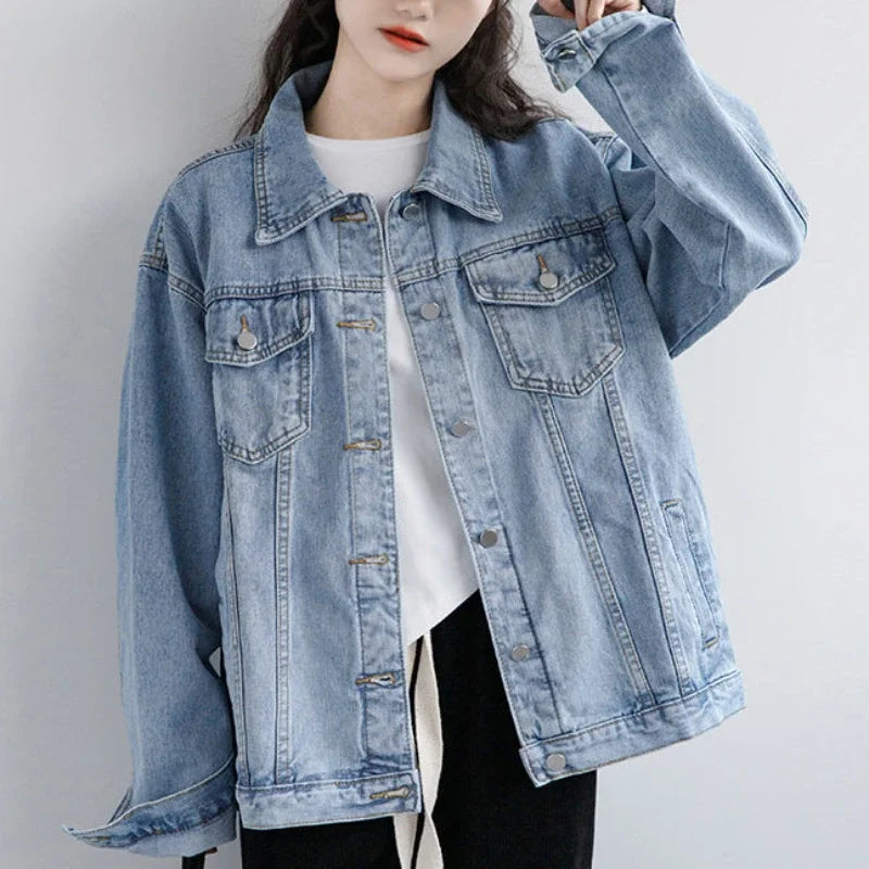 Women Jacket 2024 Autumn Winter Oversize Denim Jackets Washed Blue Jeans Coat