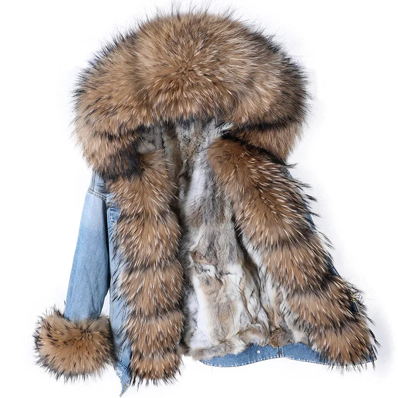Natural Fox Fur Big Fur Collar Denim Winter Coat  Leather Jacket Women