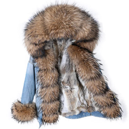 Natural Fox Fur Big Fur Collar Denim Winter Coat  Leather Jacket Women