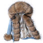 Natural Fox Fur Big Fur Collar Denim Winter Coat  Leather Jacket Women