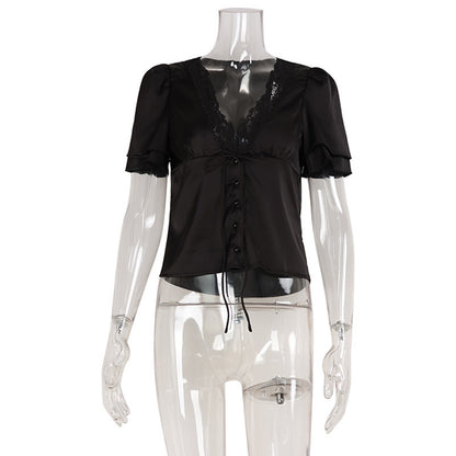 Fashion V-neck Lace Stitching Lace Up Slimming Short Sleeve