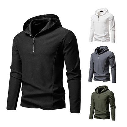 Half Zipper Design Casual Long Sleeve Solid Color Hooded T-shirt