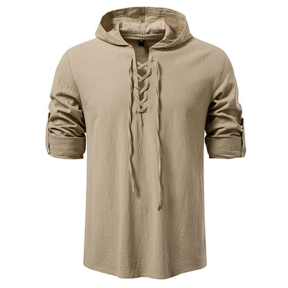 New Medieval Pirate Drawstring Men's Cotton Linen Long Sleeve