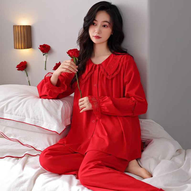 Long Sleeve Annual Home Wear Cotton Wedding Celebration Red Bride Suit