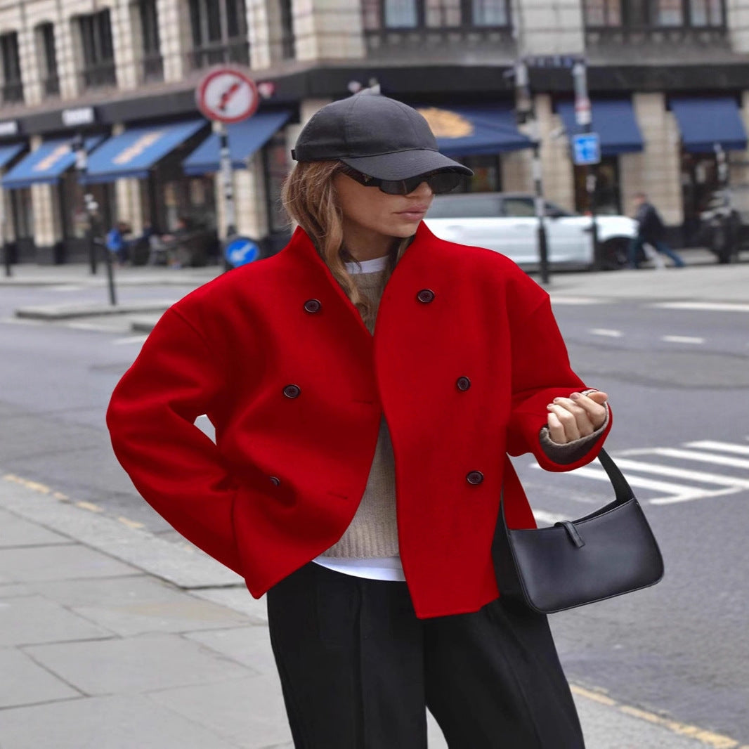 Women's Casual Double Breasted Solid Color Woolen Overcoat Coat