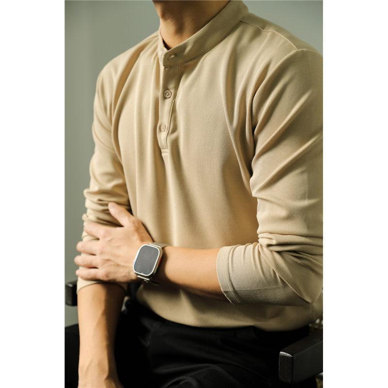 Long Sleeve Polo Shirt Simple Solid Color Fitness Men's Base