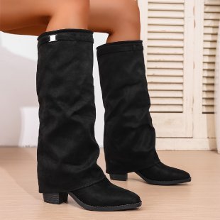 Pointed Toe High Tube Pants Boots Pleated Chunky Heel Sleeve