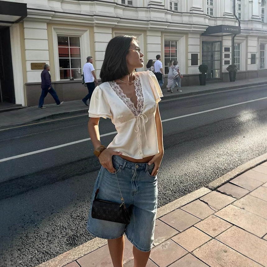 Fashion V-neck Lace Stitching Lace Up Slimming Short Sleeve