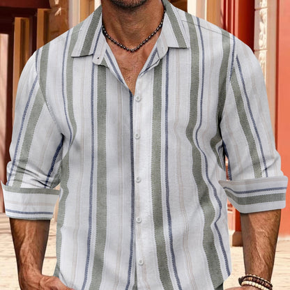Striped Cotton And Linen Men's Lapel Long-sleeved Shirt