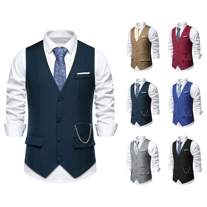 New Men's Solid Color Suit V-neck Single Breasted Chain Vest