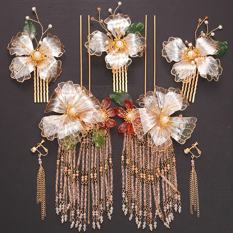 Classical Red Flower Liquid Ancient Style Headdress Fringed Hair Crown Bridal Hair Accessories