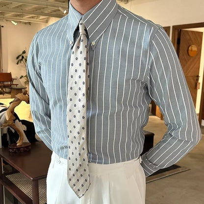 Lapel Vintage Stripe Versatile Slim-fit Long Sleeve Shirt
