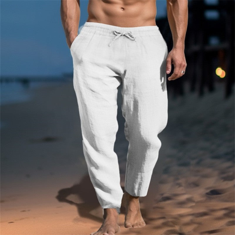 New Men's Solid Color Drawstring Cotton And Linen Loose Beach Casual Pants Slim