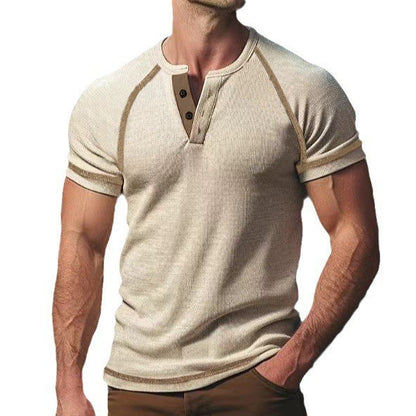 Round Neck Men's Heavy Waffle Casual Henry Short Sleeve