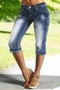 Women's Mid Rise Denim Capri Jeans Stretchy Slim Fit Jean Capris With Cuffed Hem Classic Washed Blue Cropped Pants For Summer Casual Outfits