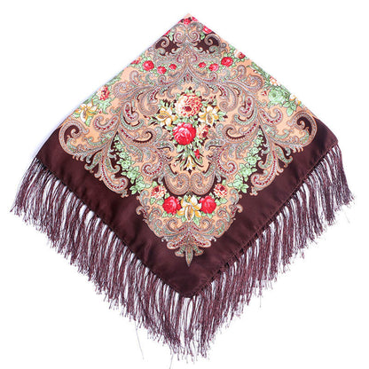Women's Fringed Cotton And Linen Printed Square Scarf