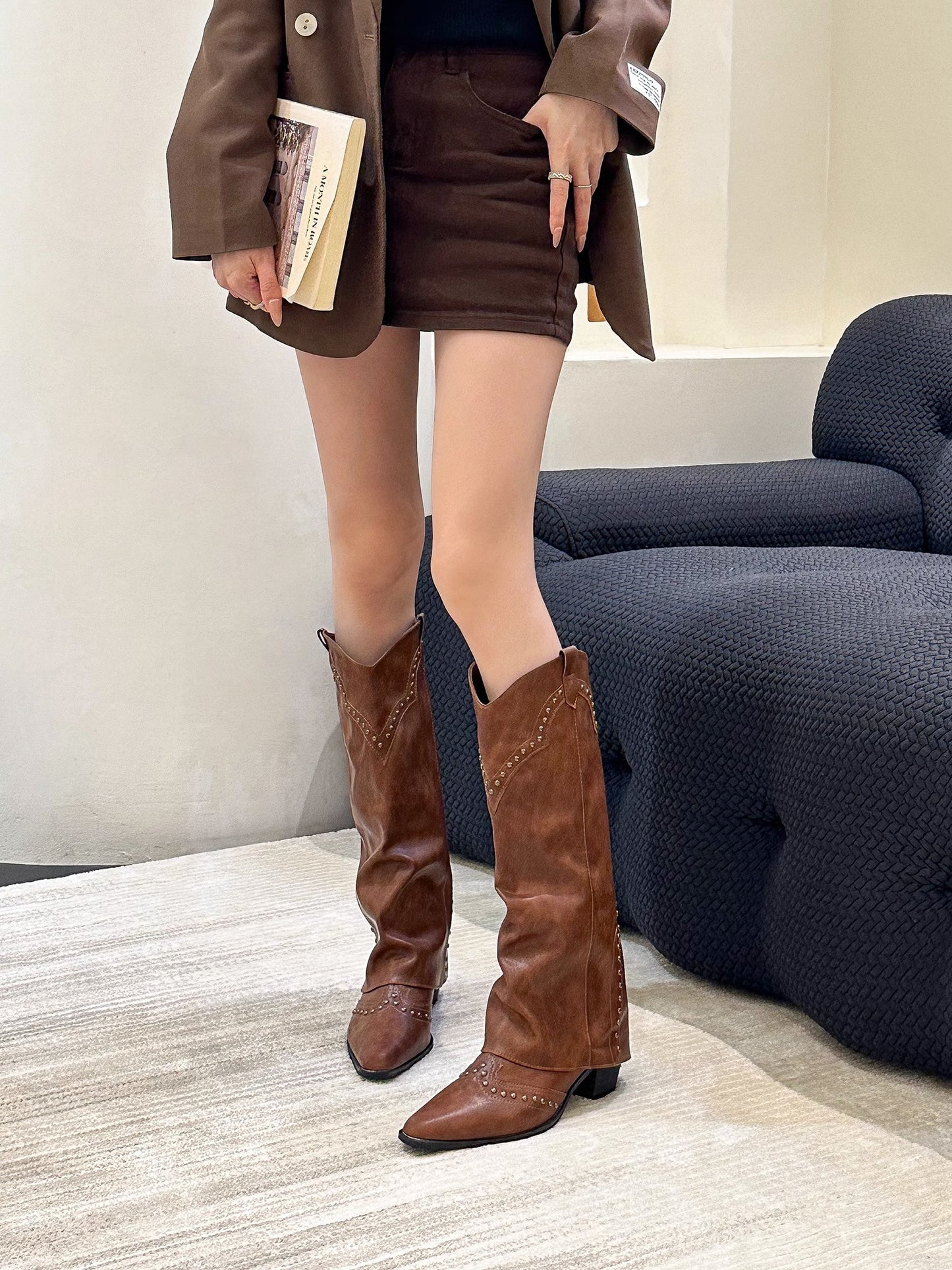 Women's Long Simple Boots Rivet Retro Western Cowboy Boot