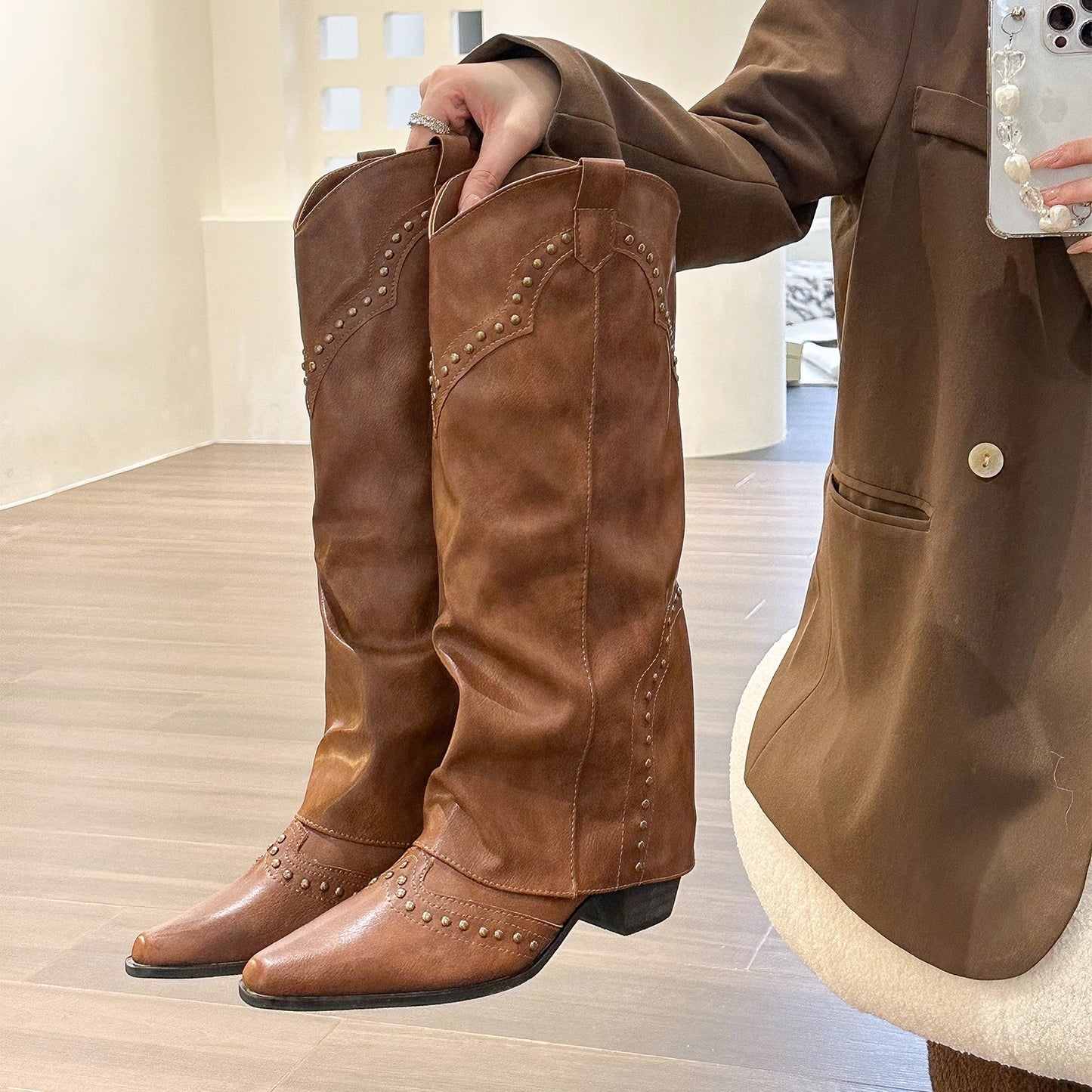 Women's Long Simple Boots Rivet Retro Western Cowboy Boot
