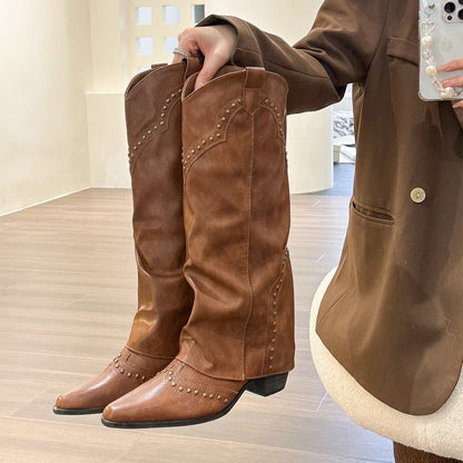 Women's Long Simple Boots Rivet Retro Western Cowboy Boot