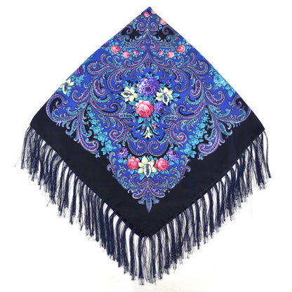 Women's Fringed Cotton And Linen Printed Square Scarf