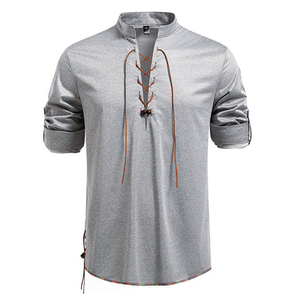 Drawstring Design Men's Stand-up Collar Long Sleeve T-shirt