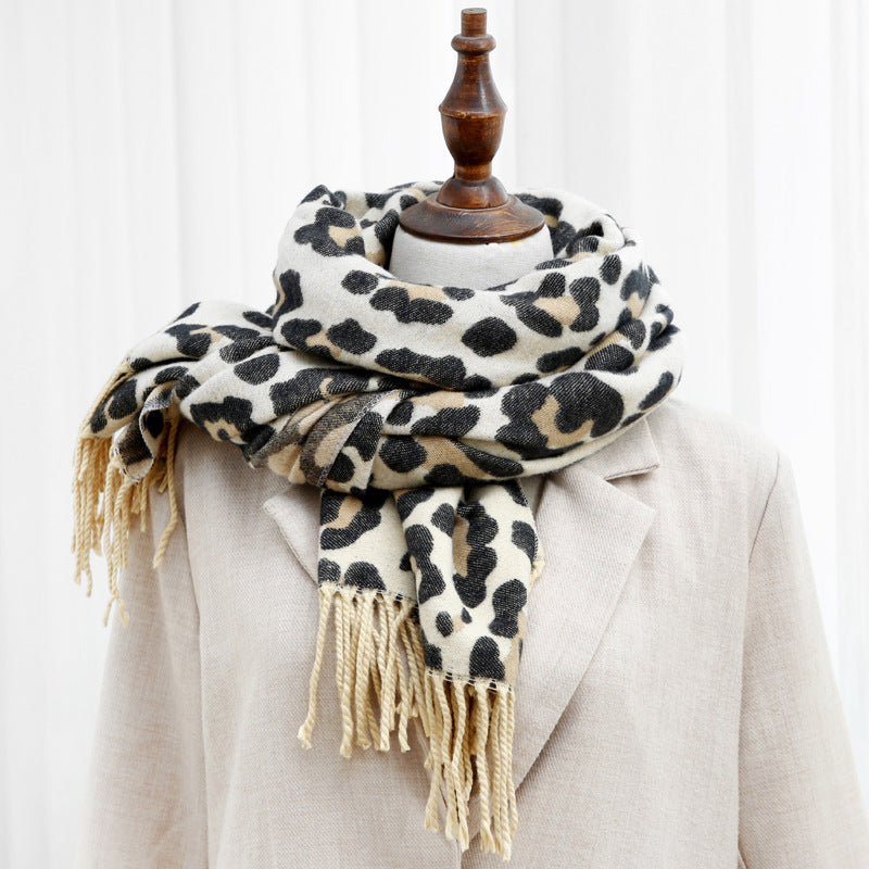 Double-sided Leopard Print Scarf With Thick Tassels  Cashmere To Keep Warm