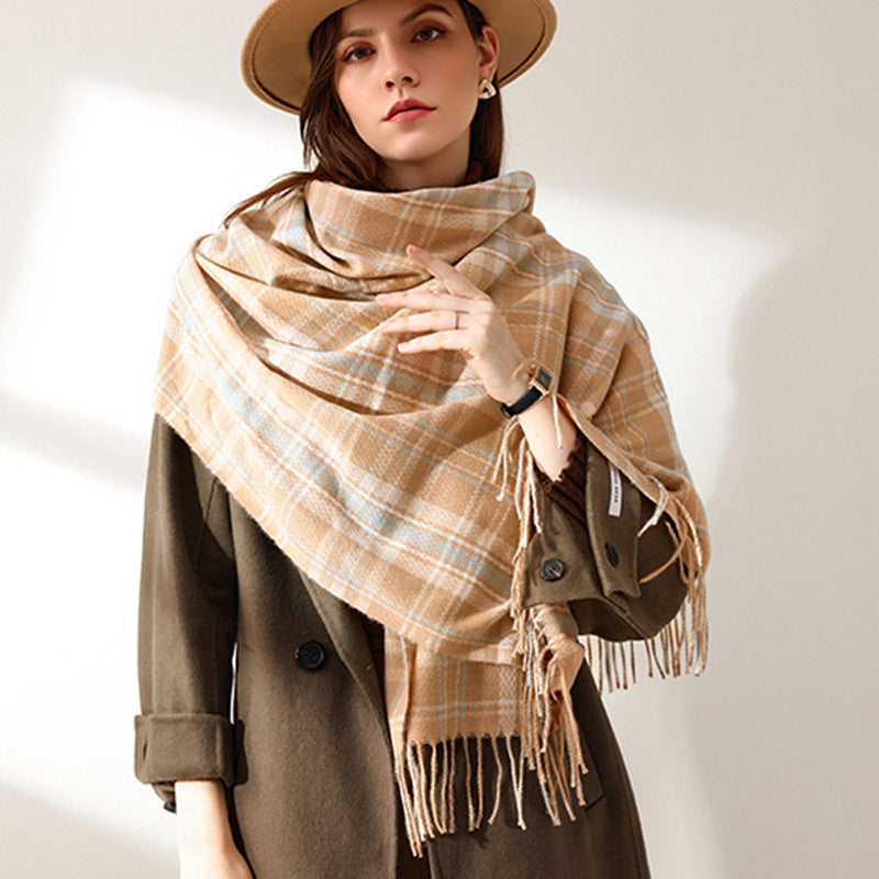 Women's Fashionable Plaid Printed Tassel Shawl Warm Scarf