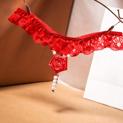 Original Handmade Rose Hot T-back Female Flirting Pearl Seduction Lace Lace Wedding Panties