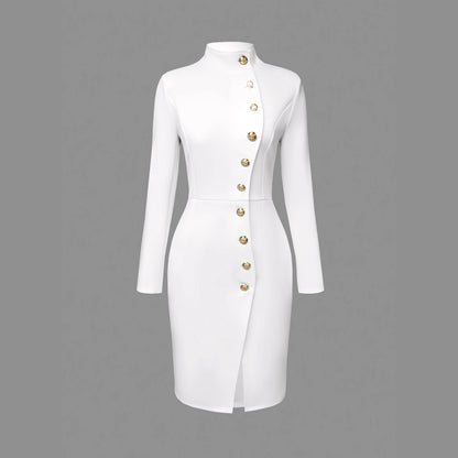 Fall Fashion Long Sleeve Stand-up Collar Slim Fit Metal Button Split Dress