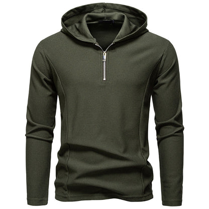 Half Zipper Design Casual Long Sleeve Solid Color Hooded T-shirt