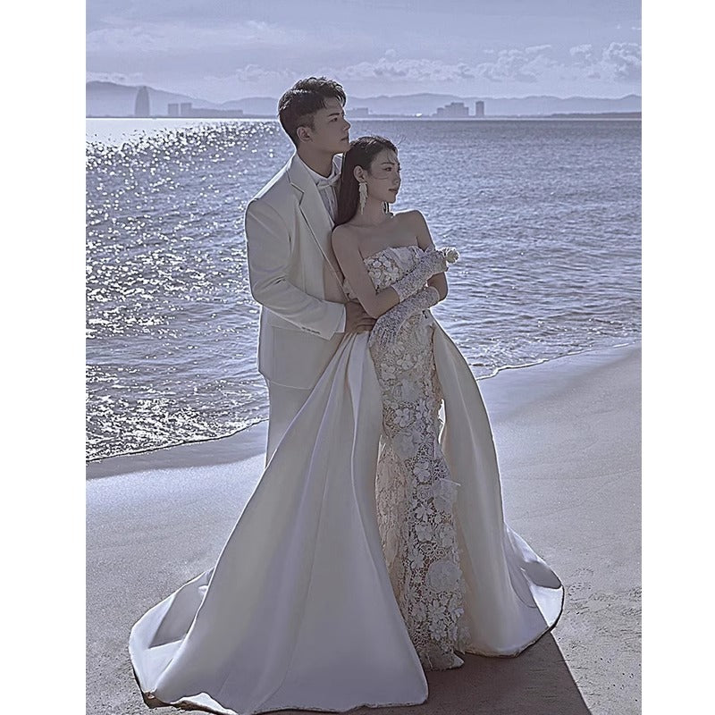 French-style Bride Lace Tube Top Satin Fishtail Trailing Wedding Dress