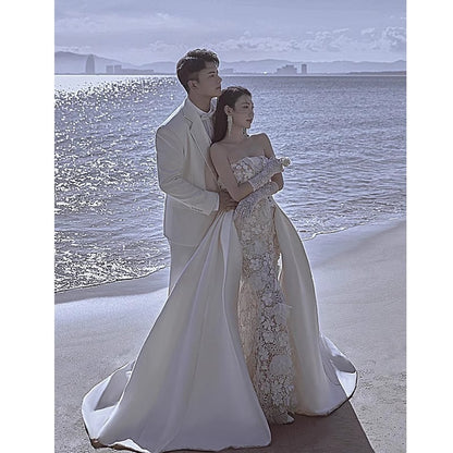 French-style Bride Lace Tube Top Satin Fishtail Trailing Wedding Dress