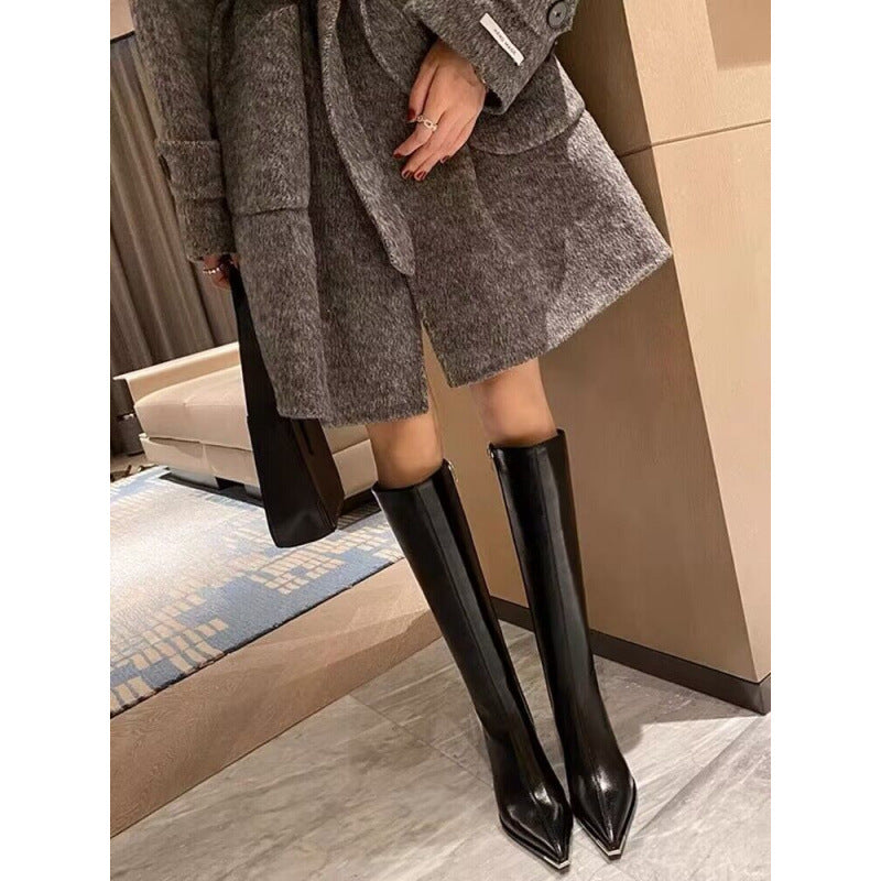 Soft Leather Pointed Toe Thick High Heel Long Boots