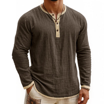 Digital Printing Two-tone Henley Shirt 3-button Men's Casual Long Sleeve