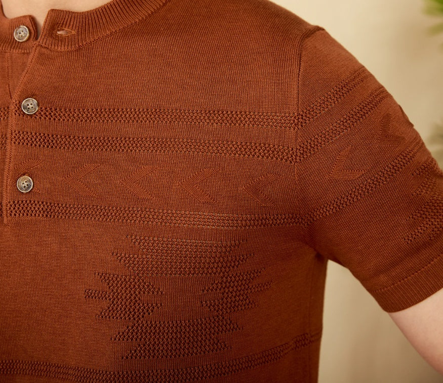 Knitted Henley Shirt American Retro Slim-fit Short Sleeve