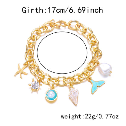 Women's Fashion Starfish Pearl Shell Fishtail Multi-pendant Necklace Bracelet