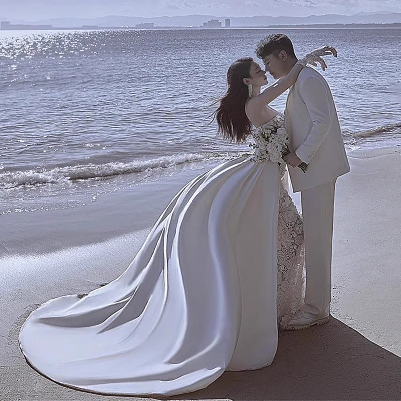 French-style Bride Lace Tube Top Satin Fishtail Trailing Wedding Dress