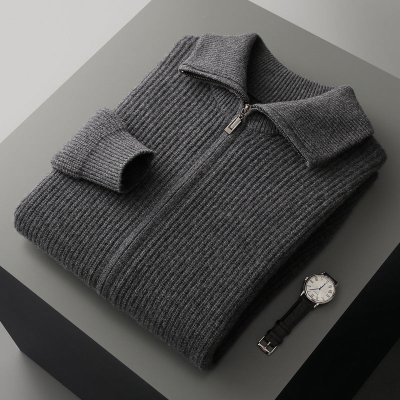 New Pure Wool Zipper Cardigan Fall Winter Men Lapel Shirt Coat