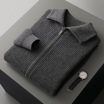 New Pure Wool Zipper Cardigan Fall Winter Men Lapel Shirt Coat