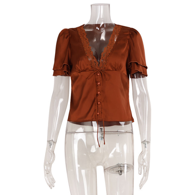 Fashion V-neck Lace Stitching Lace Up Slimming Short Sleeve