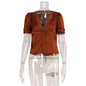 Fashion V-neck Lace Stitching Lace Up Slimming Short Sleeve