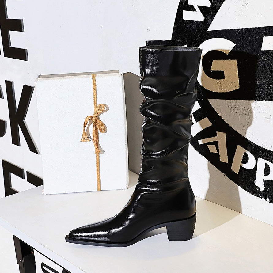 Women's Over-the-knee Boots Chunky Heel Mid Heel Pointed Wrinkled Surface