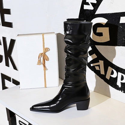 Women's Over-the-knee Boots Chunky Heel Mid Heel Pointed Wrinkled Surface