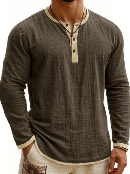 Digital Printing Two-tone Henley Shirt 3-button Men's Casual Long Sleeve